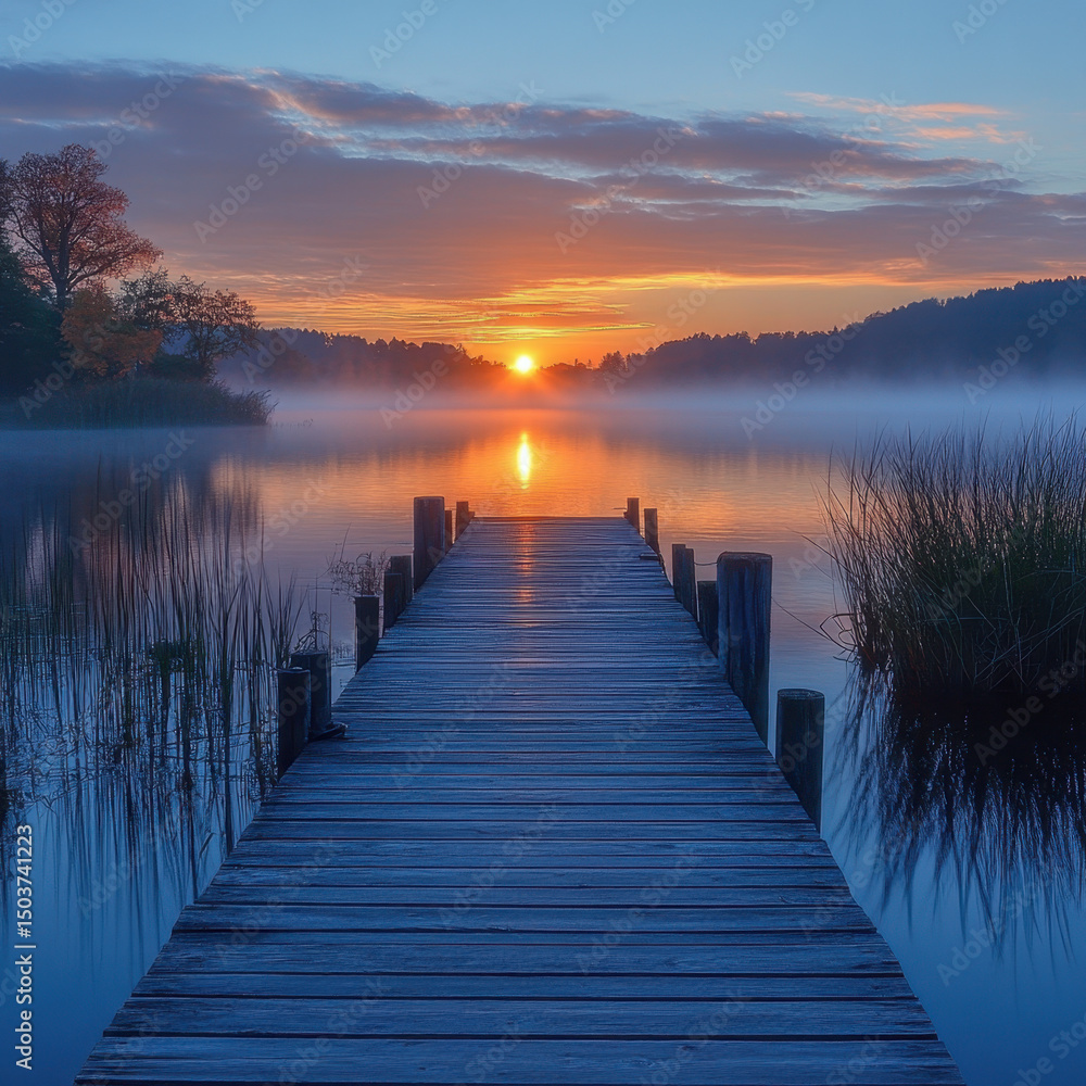 Fototapeta premium Sunrise at lake dock.