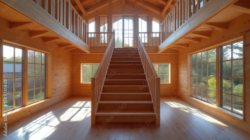Obraz premium Bright and spacious interior of a modern wooden staircase in a sunny environment