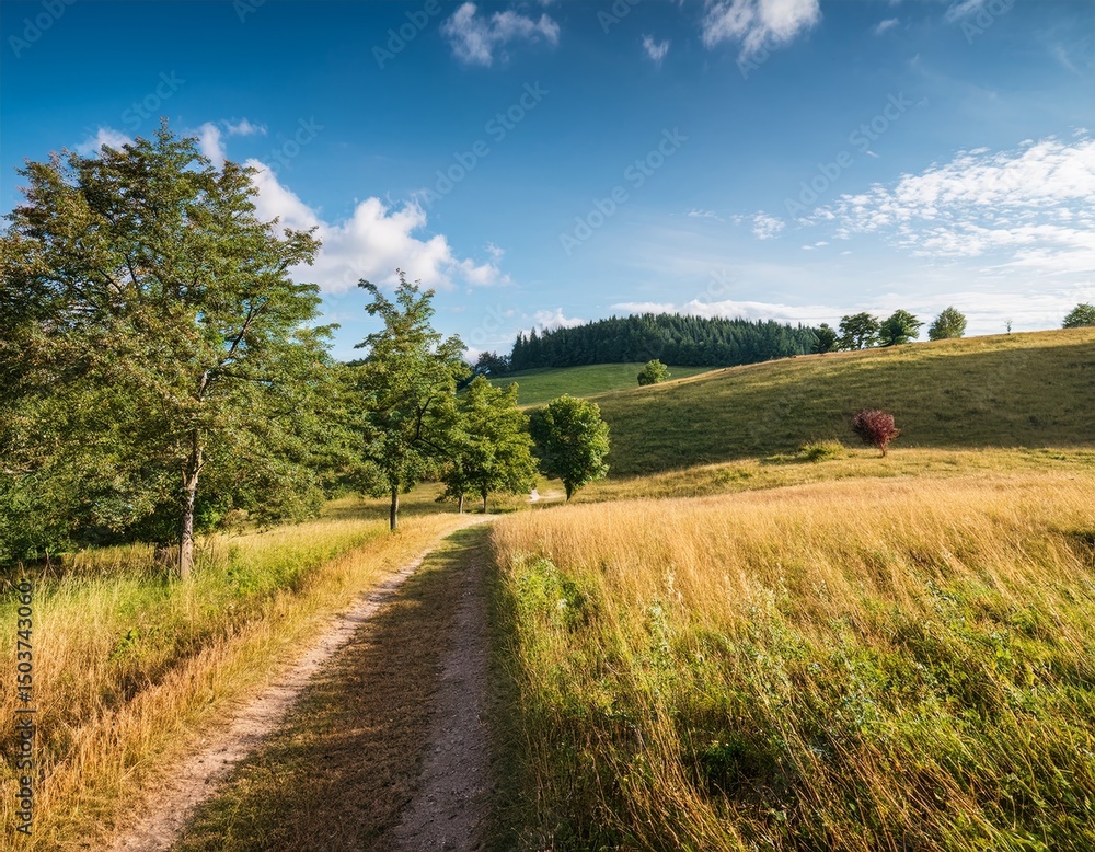 Fototapeta premium Rural landscape in late summer. Rural landscape with a path, trees and meadows on hills