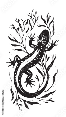 hand drawn silhouette of salamander , black silhouettes isolated on white background