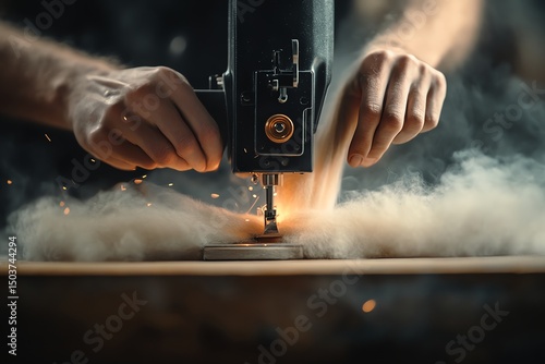 Close-up of a sewing machine stitching fabric, highlighting needle and thread detail, perfect for fashion, tailoring, textile, and craft concepts.