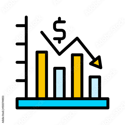 Business icon showing a bar graph with a downfall graphic, symbolizing decrease in performance. Suitable for financial presentations, reports, and newsletters.