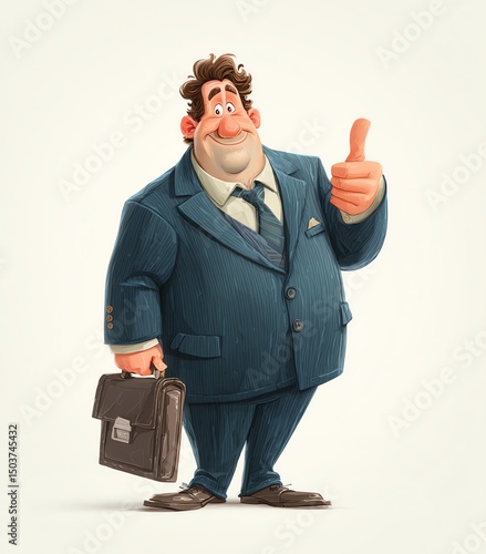 Cartoon of a smiling businessman in suit carrying a bag, modern professional character ideal for business, office, and corporate design projects.
