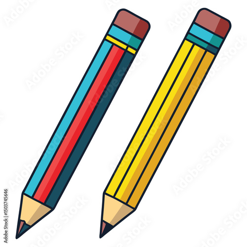 Two Cartoon Pencils with Erasers on a White Background Illustration