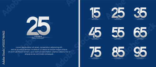 set of anniversary logo flat silver color on blue background for celebration moment