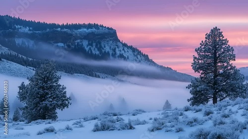 Wallpaper Mural Serene winter landscape at dawn with snow-covered hills and misty valleys under a colorful sky Torontodigital.ca