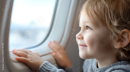 A curious child presses nose against airplane window, gazing at clouds with wonder, capturing innocence, travel excitement, and magical first flight moments.