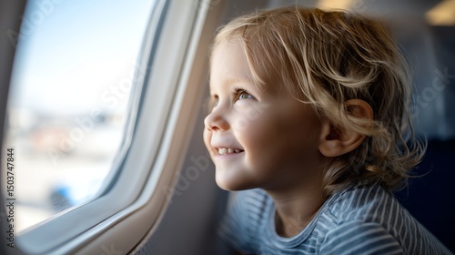 A curious child presses nose against airplane window, gazing at clouds with wonder, capturing innocence, travel excitement, and magical first flight moments.