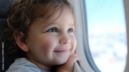 A curious child presses nose against airplane window, gazing at clouds with wonder, capturing innocence, travel excitement, and magical first flight moments.