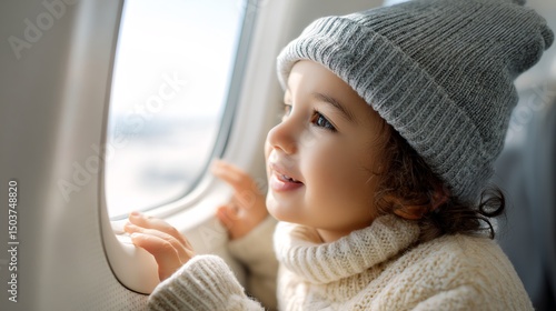A curious child presses nose against airplane window, gazing at clouds with wonder, capturing innocence, travel excitement, and magical first flight moments.