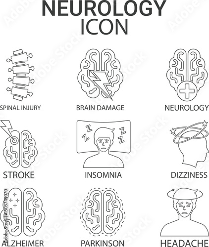 Neurology icons, such as Alzheimer's, Parkinson's, insomnia, epilepsy, and more. Editable stroke Line art icons