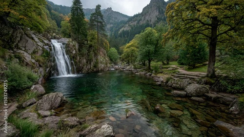 waterfall with natural pond in the middle of forest, peaceful nature landscape 