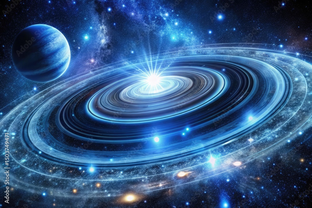 Obraz premium Blue Planet with Rings in Deep Space