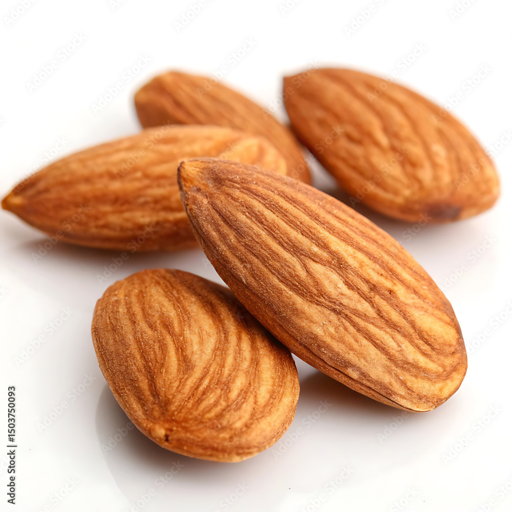 Five Almonds Nuts Isolated on White Background with Clipping Path, Top View, Macro Five Almonds Nuts Isolated on White Background with Clipping Path, Top View, Macro