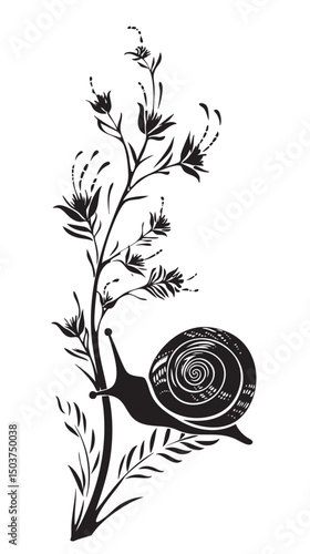 hand drawn silhouette of snail , black silhouettes isolated on white background
