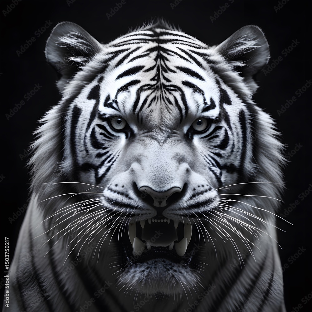 Black and white photograph of a majestic white tiger roaring in extreme close up, with a dark velvety black background isolating the subject, Black and white photograph of a majestic white tiger roaring in extreme close up, with a dark velvety black background isolating the subject,