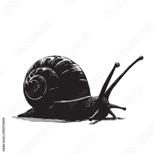 hand drawn silhouette of snail , black silhouettes isolated on white background
