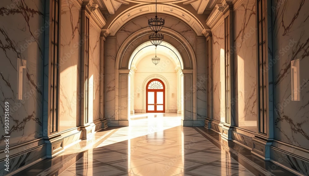 Fototapeta premium Grand marble hallway, sunlight streaming through arched doorway, architecture, vintage
