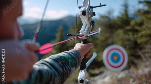 Close-up of person aiming compound bow at archery target in outdoor setting