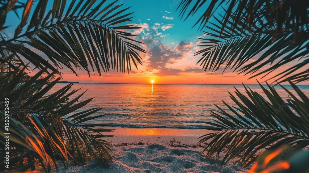 Obraz premium Tropical Sunset Beach Framed by Palm Leaves