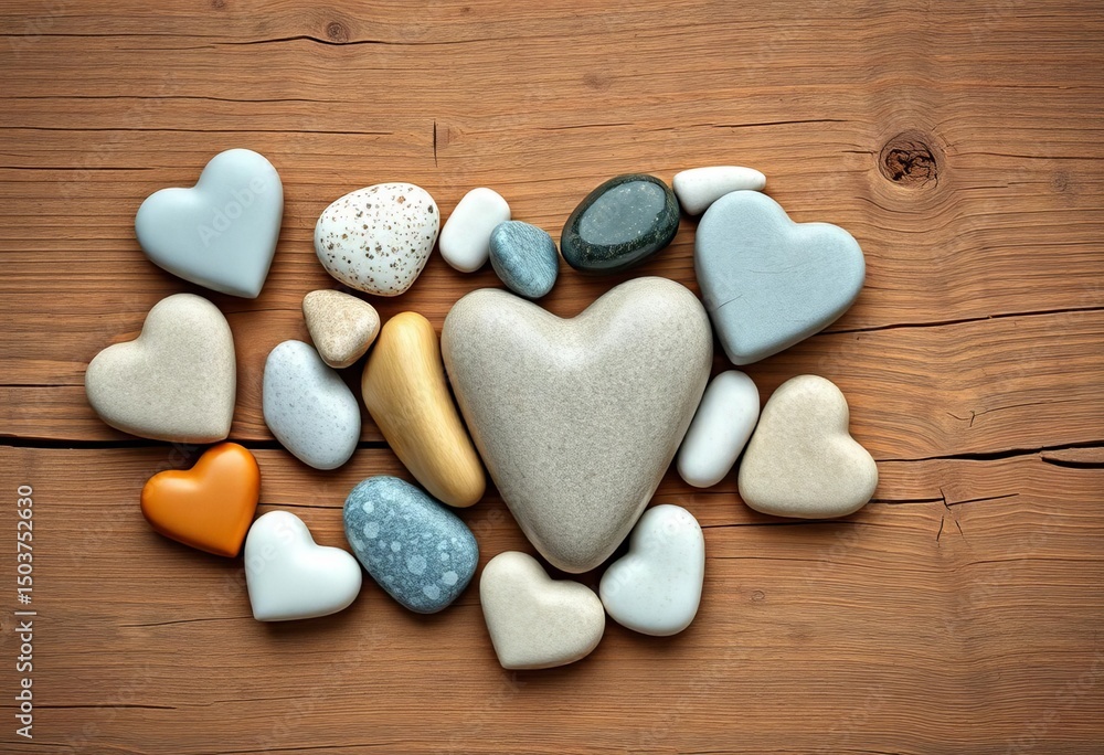 Obraz premium Heart-shaped stones arranged on rustic wood, ample copy space, blank, organic