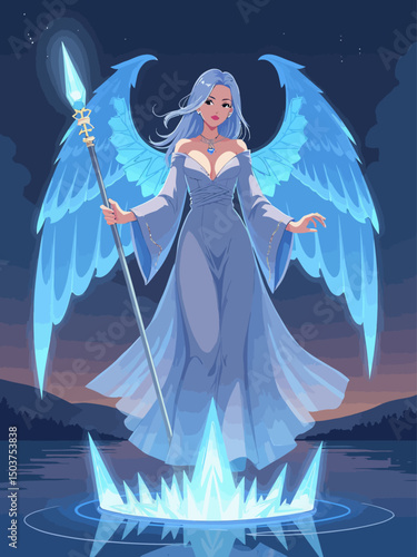 A serene female guardian with elegant robes, glowing psychic wings, and a radiant staff