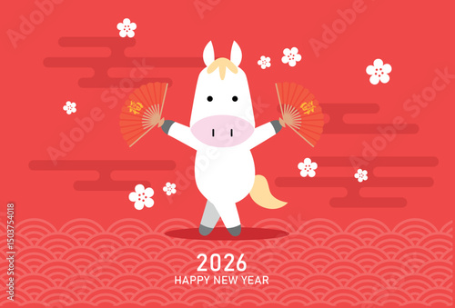 Zodiac horse holding fans vector card. Chinese new year of the horse 2026 greeting card or celebration banner template.