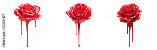 Isolated Red Roses with Dripping Red Paint on Transparent Background
