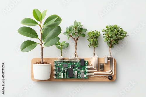 Futuristic circuit board with a growing plant symbolizing eco-friendly technology, sustainability, and the fusion of nature with digital innovation.
