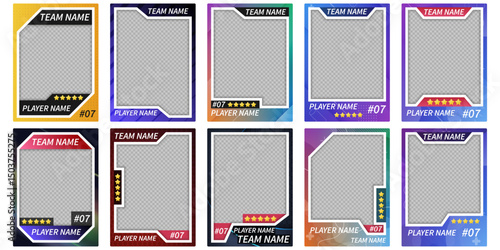 A set of modern and colorful sports trading card templates with transparent placeholders for photo customization. Includes editable player and team name areas, number tags, and rating stars.