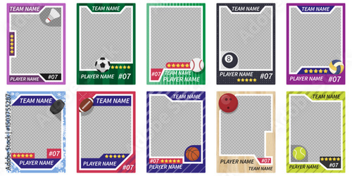 A colorful collection of blank sports trading card templates featuring various balls like soccer, basketball, baseball, tennis, and more. Ideal for creating custom sports player cards.