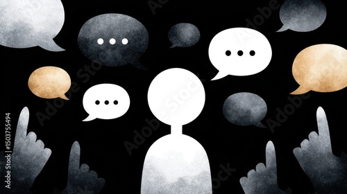 Using hurtful language toward others, bullying, verbal abuse, and hate speech. A silhouette figure surrounded by speech bubbles filled with hateful words.