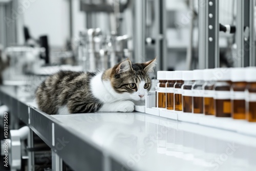 Curious cat observing medicine bottles in laboratory setting