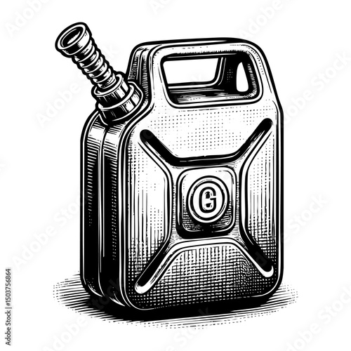 Gas can sketch engraving black and white outline. Scratch board imitation.