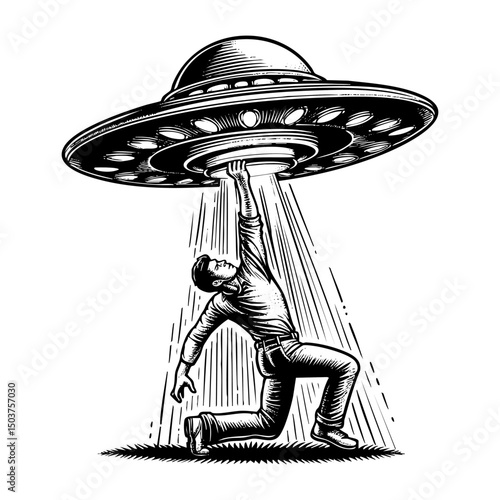 ufo kidnap human sketch engraving black and white outline. Scratch board imitation.