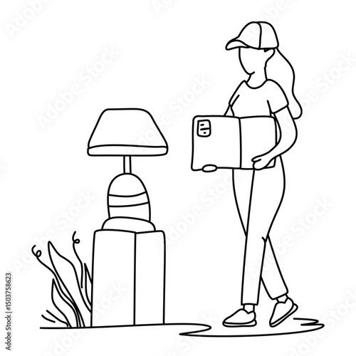 Mover holding a box and clipboard. A professional mover organizes items with a checklist. Great for conveying efficient logistics, inventory, or delivery. The mood is organized and trustworthy