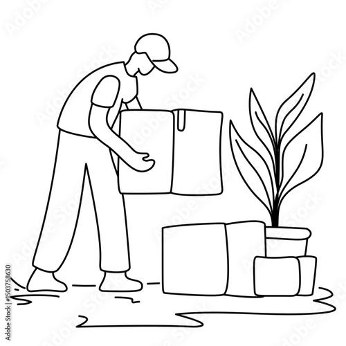 Mover holding a box and clipboard. A professional mover organizes items with a checklist. Great for conveying efficient logistics, inventory, or delivery. The mood is organized and trustworthy