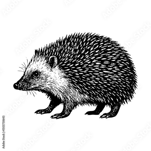 Hedgehog  engraving black and white outline. Scratch board imitation.