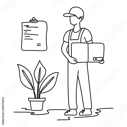 Mover holding a box and clipboard. A professional mover organizes items with a checklist. Great for conveying efficient logistics, inventory, or delivery. The mood is organized and trustworthy
