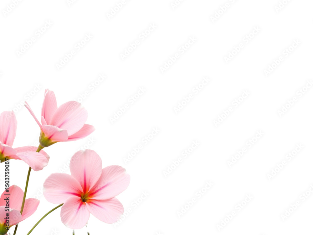 Fototapeta premium Delicate, soft-petaled pink lotus flowers with subtle, creamy yellow centers bloom in the three corners of the composition, their gentle curves and intricate details contrasting against a pristine, cr