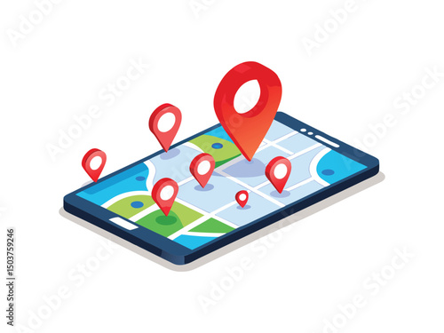 Smartphone map app with location pins isolated on white background
