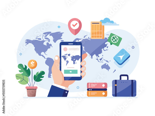 Online travel booking app mobile interface isolated on white background
