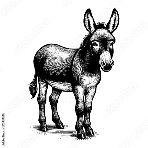 donkey sketch engraving black and white outline. Scratch board imitation.