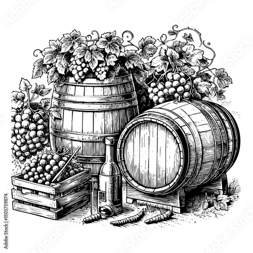 wooden barrel sketch engraving black and white outline. Scratch board imitation.