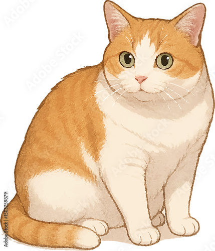 Chubby Orange and White Cat Sitting – Cute Vector Illustration on Transparent Background