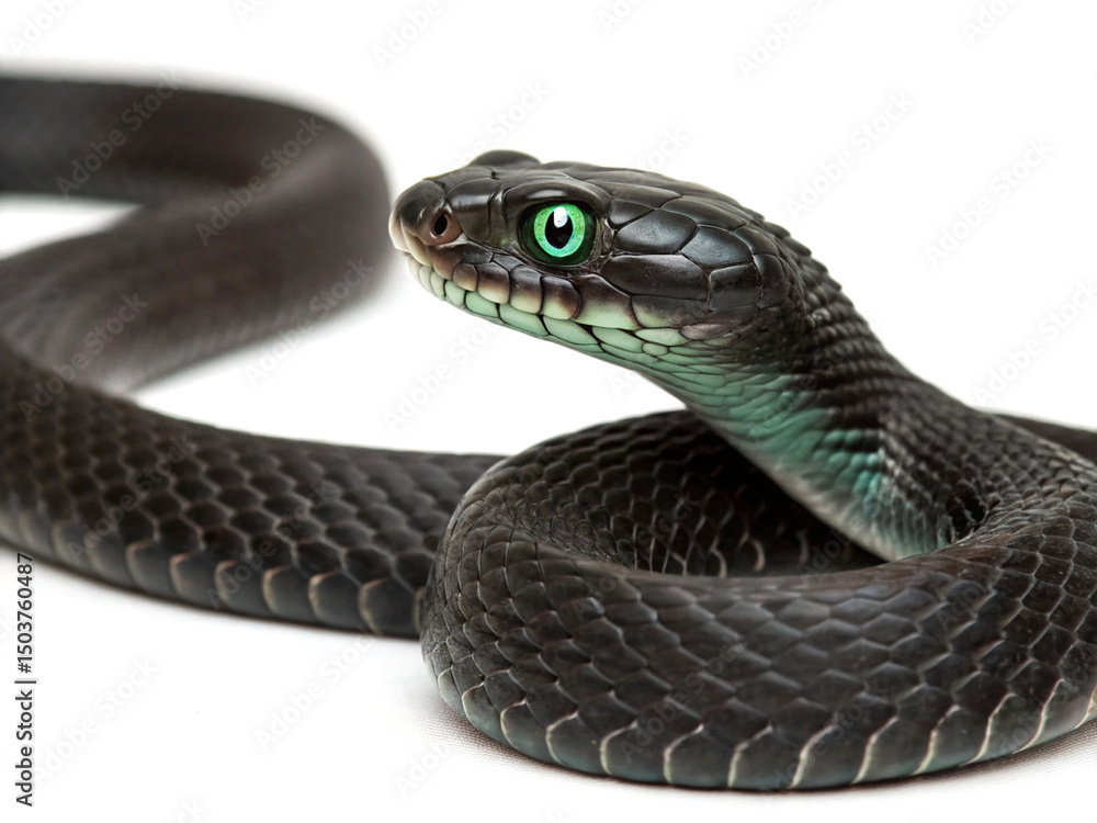 Fototapeta premium Close up of a black snake with striking green eyes on white background