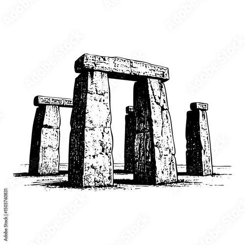 Stonehenge sketch engraving sketch engraving black and white outline. Scratch board imitation.  illustrated in vintage line art style on a white background.