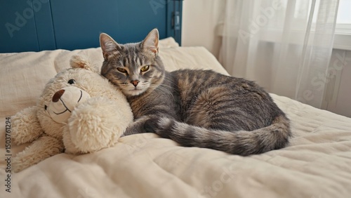 Wallpaper Mural Tabby cat cuddling teddy on cream blanket Torontodigital.ca