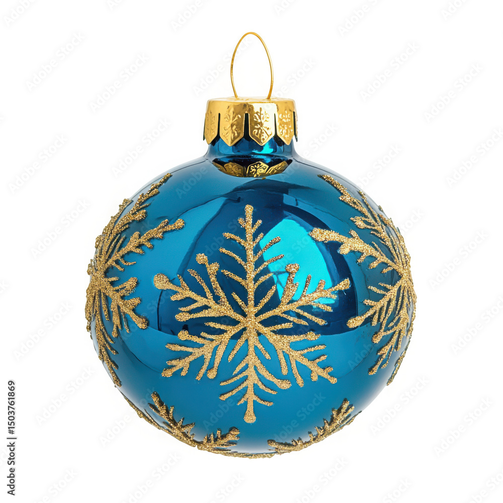 Fototapeta premium Teal christmas ornament with gold glitter snowflakes isolated on transparent background