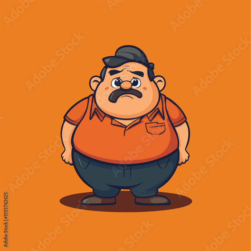 Cartoon man with a mustache wearing a cap and an orange shirt